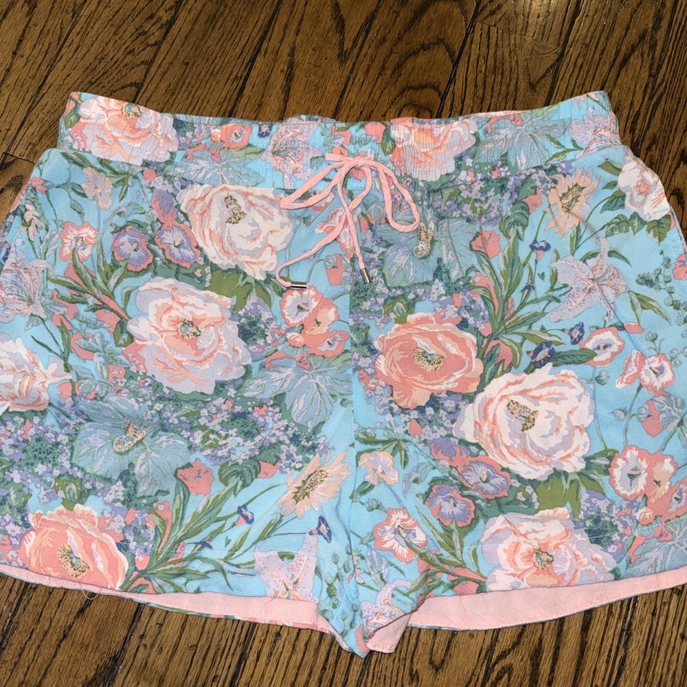 Sanctuary Women's Sleep Shorts Size XL Floral Elastic Pink Blue Drawstring 3"